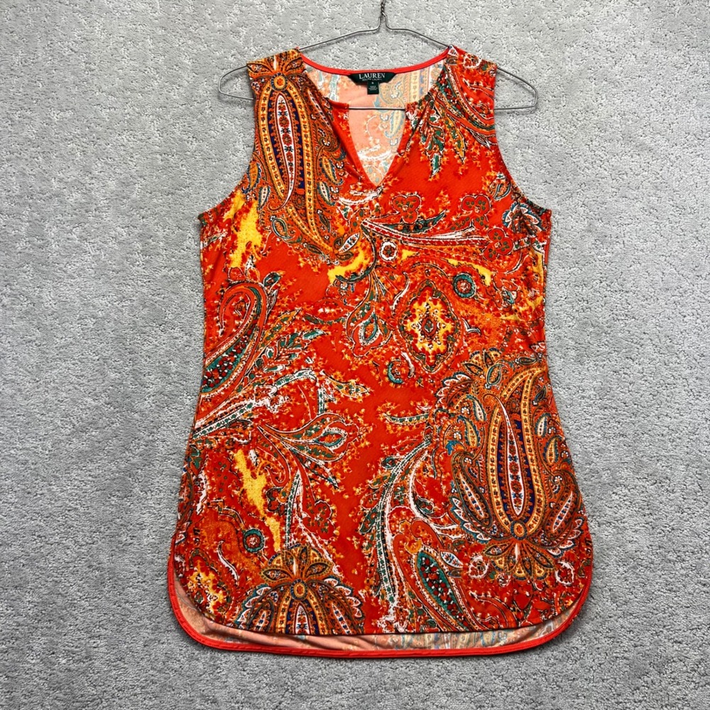 Lauren Ralph Lauren Tunic Tank Top Womens S Orange Paisley Sleeveless Split Neck